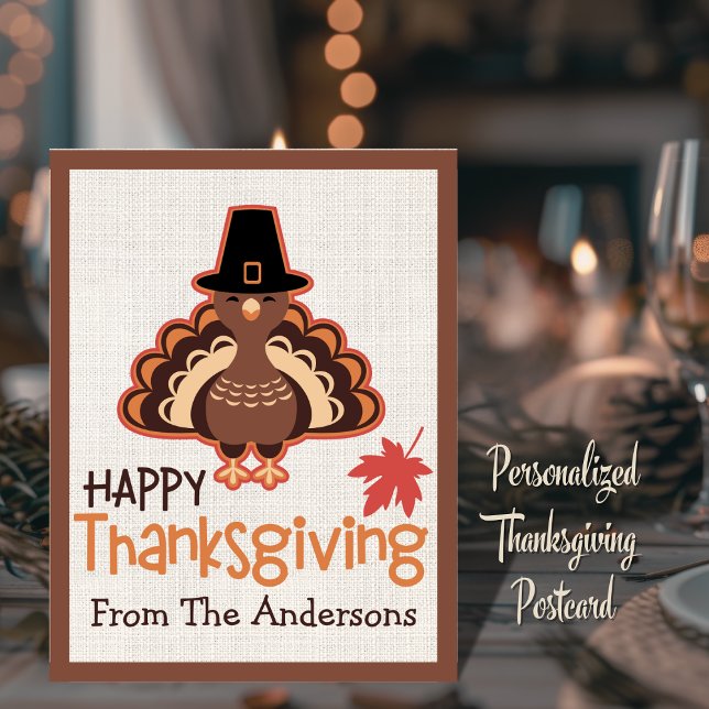 Postal Festiva Feliz Día de Acción de Gracias Personalizado pereg (Happy Thanksgiving Cute Pilgrim Turkey Custom Holiday Postcard.  Just add your name!)