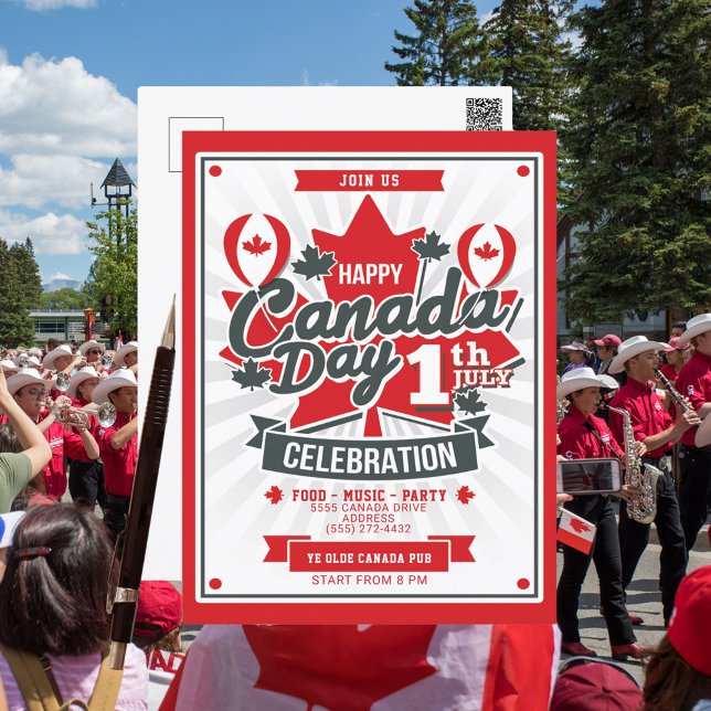 Postal Festiva Feliz Día de Canadá Celebración Fiesta BBQ (Celebrate Canada Day on 1th of July. Enjoy a BBQ, food, music, parade and party. Send out postcards)