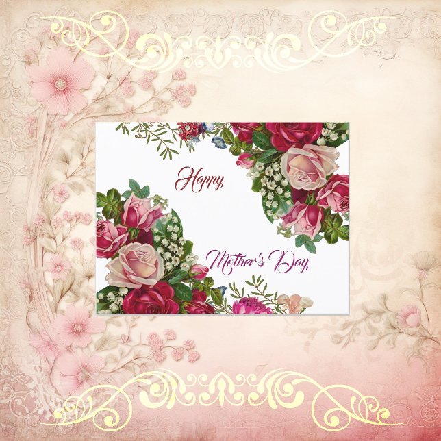 Postal Festiva Feliz Día de la Madre Foliage Rústico Rosa Floral  (Happy Mothers Day Rustic Rose Floral Green Foliage Holiday Postcard)