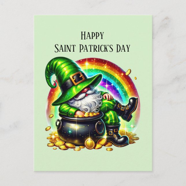 Postal Festiva Feliz día de San Patricio gnomo  (Anverso)
