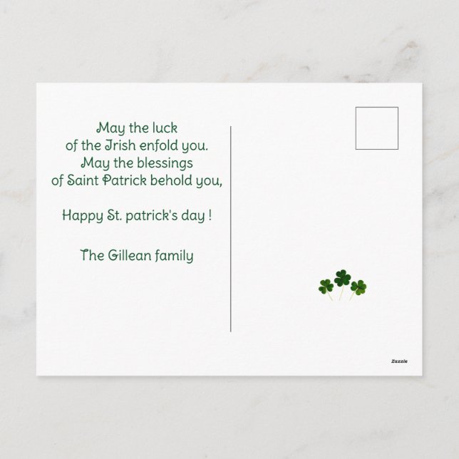 Postal Festiva Feliz Día de San Patrick. Foto de niño de Shamrock (Reverso)