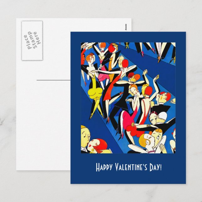 Postal Festiva Feliz Día de San Valentín. Diseño Art Deco (Anverso / Reverso)
