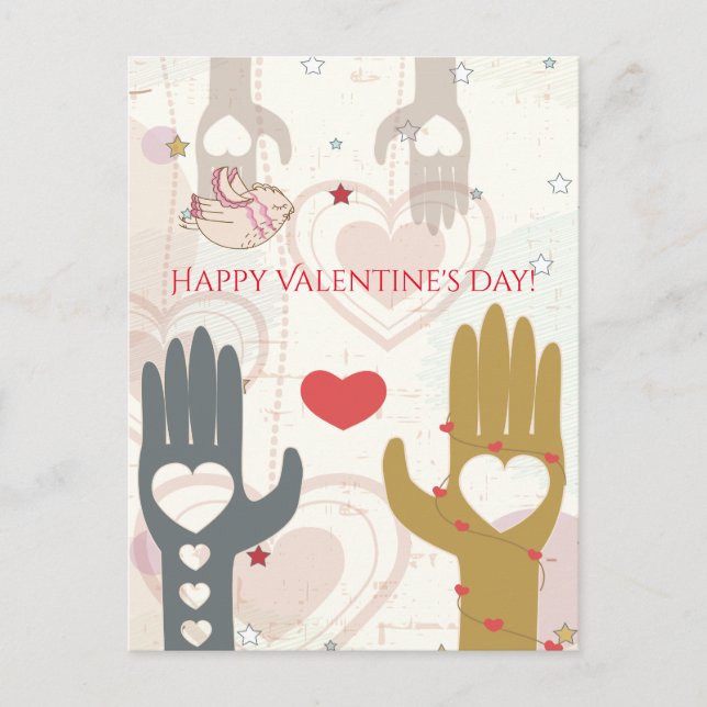 Postal Festiva Feliz Día de San Valentín, pájaro lindo ayudando a (Anverso)