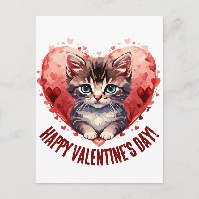 Postal Festiva Feliz Día de San Valentín pequeño gatito con coraz (Anverso)