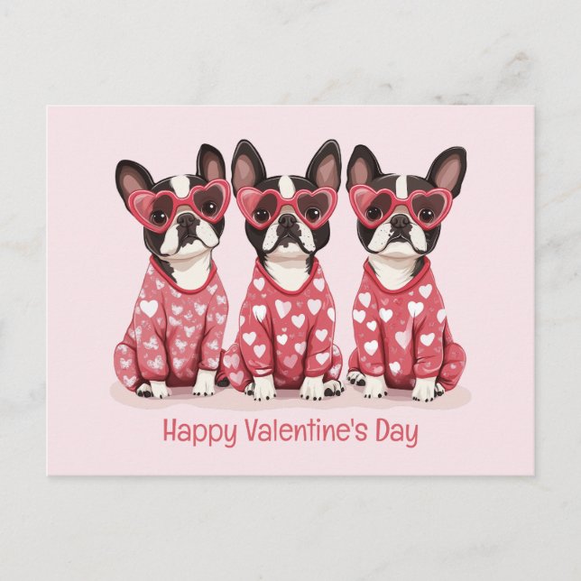 Postal Festiva Feliz Día de San Valentín Perros Terrier de Boston (Anverso)