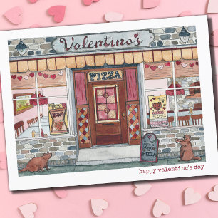 Postal Festiva Feliz Día de San Valentín Pizza Ver acuarela