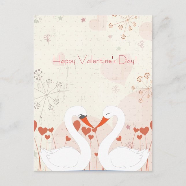 Postal Festiva Feliz Día de San Valentín, románticos cisnes (Anverso)