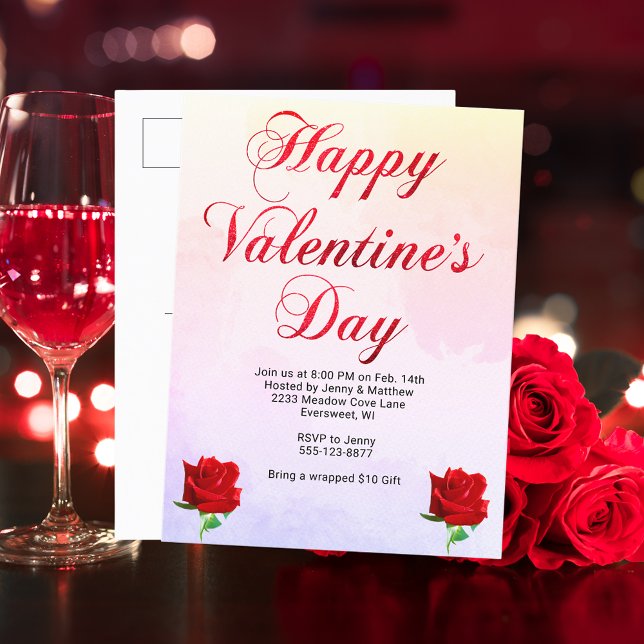 Postal Festiva Feliz Día de San Valentín suave pastel Fiesta de r (Happy Valentine's Day Soft Pastel Red Roses Party Holiday Postcard)