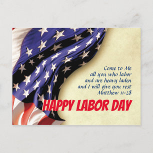 Postal Festiva FELIZ DÍA DE TRABAJO Scripture USA Flag Personaliz