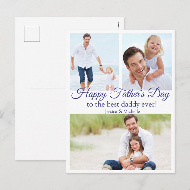 Postal Festiva feliz día del padre, 3 fotos collage azul moderno (Anverso / Reverso)