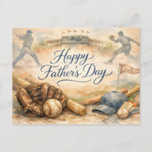 Postal Festiva Feliz Día del Padre Aficionado al Béisbol Acuarela