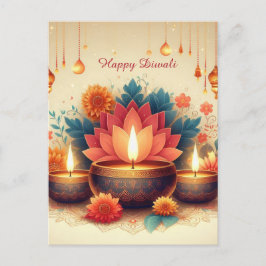 Postal Festiva Feliz Diwali Diya Lotus Festival de Floral Ligera