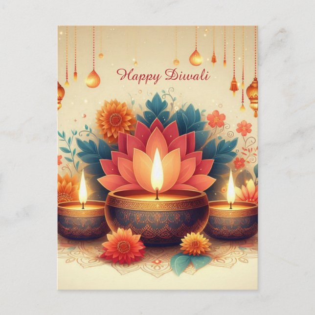 Postal Festiva Feliz Diwali Diya Lotus Festival de Floral Ligera (Anverso)