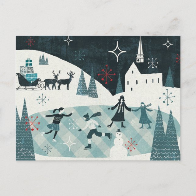 Postal Festiva Feliz escena patinadora de Christmastime (Anverso)