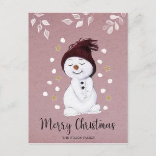 Postal Festiva Feliz feriado de Navidades rosados de Snowman