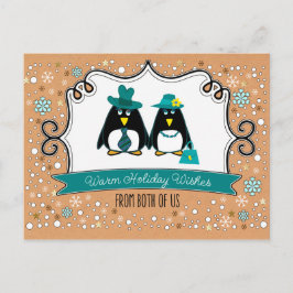 Postal Festiva Feliz feriado. Pareja divertida pingüino