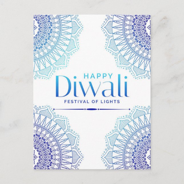 Postal Festiva Feliz Festival Diwali de Mandala Blanca Azul (Anverso)