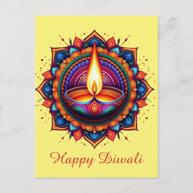 Postal Festiva Feliz Festival Diwali Mandala Diya de amarillo cla (Anverso)
