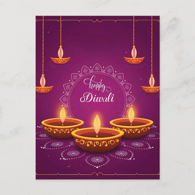 Postal Festiva Feliz Festival Diwali Rangoli Diya de Púrpura Lige (Anverso)