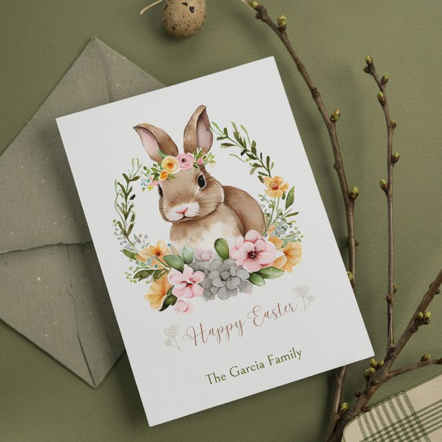 Postal Festiva Feliz fiesta acuática de Pascua Bunny and Flowers  (Happy Easter Watercolor Bunny and Flowers Easter Holiday Postcard)