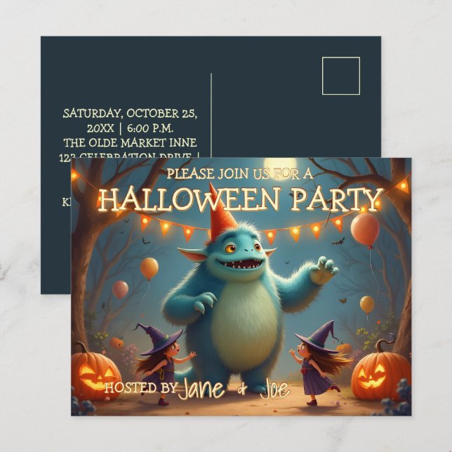 Postal Festiva Feliz fiesta de Halloween para niños (Anverso / Reverso)