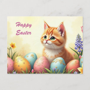 Postal Festiva Feliz gatito de pascua con huevos de Pascua
