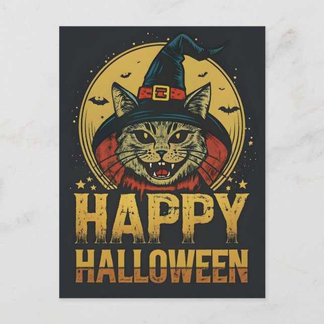 Postal Festiva Feliz Gato de Brujas de Halloween (Anverso)