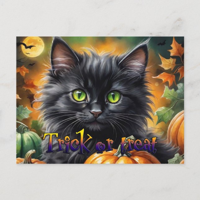 Postal Festiva Feliz Gato de Halloween con calabaza (Anverso)