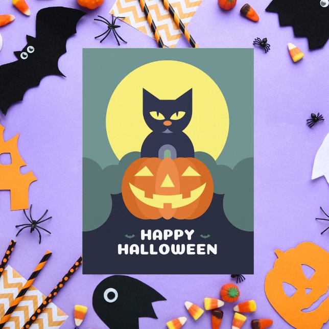Postal Festiva Feliz Gato Negro de Halloween y Calabaza (Subido por el creador)