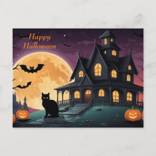 Postal Festiva Feliz Gato Negro de Halloween y casa embrujada