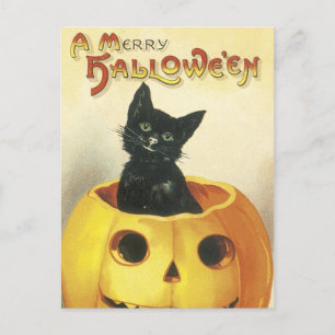Postal Festiva Feliz gato pasado de moda de Halloween
