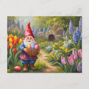 Postal Festiva Feliz Gnome de Pascua en el jardín de primavera