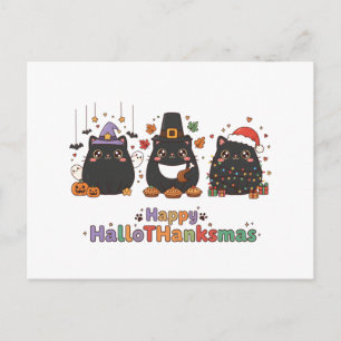 Postal Festiva Feliz HalloGraciasmas Kawaii Gato Negro Triple