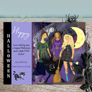 Postal Festiva Feliz Halloween 3 Brujas Ilustración Caprichosa