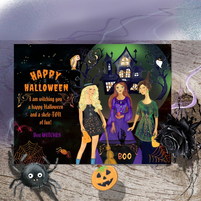 Postal Festiva Feliz Halloween a las mejores brujas (Happy Halloween Best Witches Holiday Postcard)