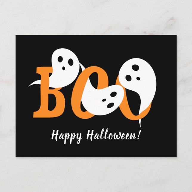Postal Festiva Feliz Halloween Boo Fantasma Negro (Anverso)
