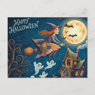 Postal Festiva Feliz Halloween Bruja Caprichosa en la Escoba