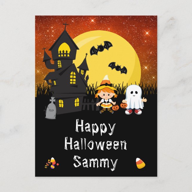 Postal Festiva Feliz Halloween Bruja Fantasma Naranja (Anverso)