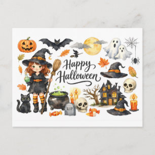 Postal Festiva Feliz Halloween Bruja, Gato, Casa Embrujada y más