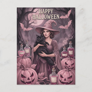 Postal Festiva Feliz Halloween Bruja Rosa Vintage y Gato Negro