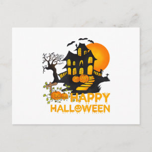 Postal Festiva Feliz Halloween Calabaza Espeluznante Casa Embruja