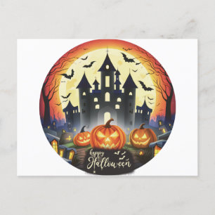 Postal Festiva Feliz Halloween Castle Bats Pumpkins Halloween