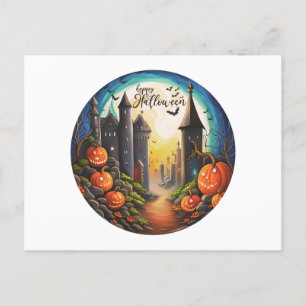 Postal Festiva Feliz Halloween Castle Full Moon Halloween