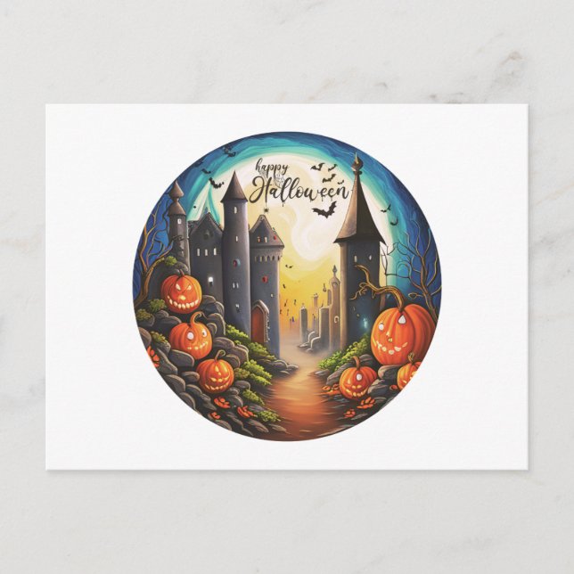 Postal Festiva Feliz Halloween Castle Full Moon Halloween (Anverso)