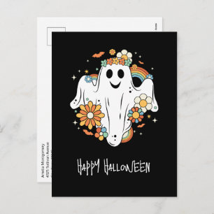 Postal Festiva Feliz Halloween con el retro fantasma Hippie