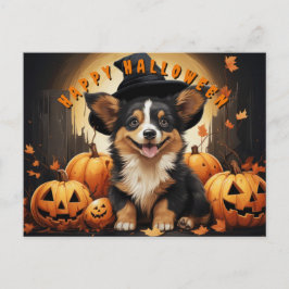 Postal Festiva Feliz Halloween Corgi En Parche De Calabaza