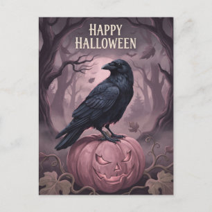 Postal Festiva Feliz Halloween Cuervo Vintage y Calabaza Rosa