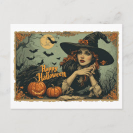 Postal Festiva Feliz Halloween de una bruja en un
