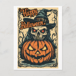 Postal Festiva Feliz Halloween de una bruja en un