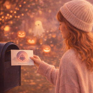 Postal Festiva Feliz Halloween Embrujado y Feliz • Fantasma Brill